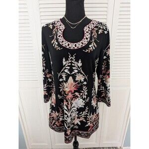 WHBM Shift Dress/Tunic Women M Multi Black 3/4 Aztec Floral Stretch Embroidery